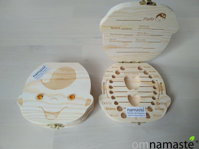 Caja madera con ámbar para dientes leche. Modelo niño