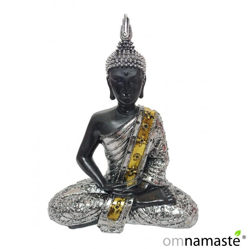 Buda thai meditando negro, plateado y dorado 30cm